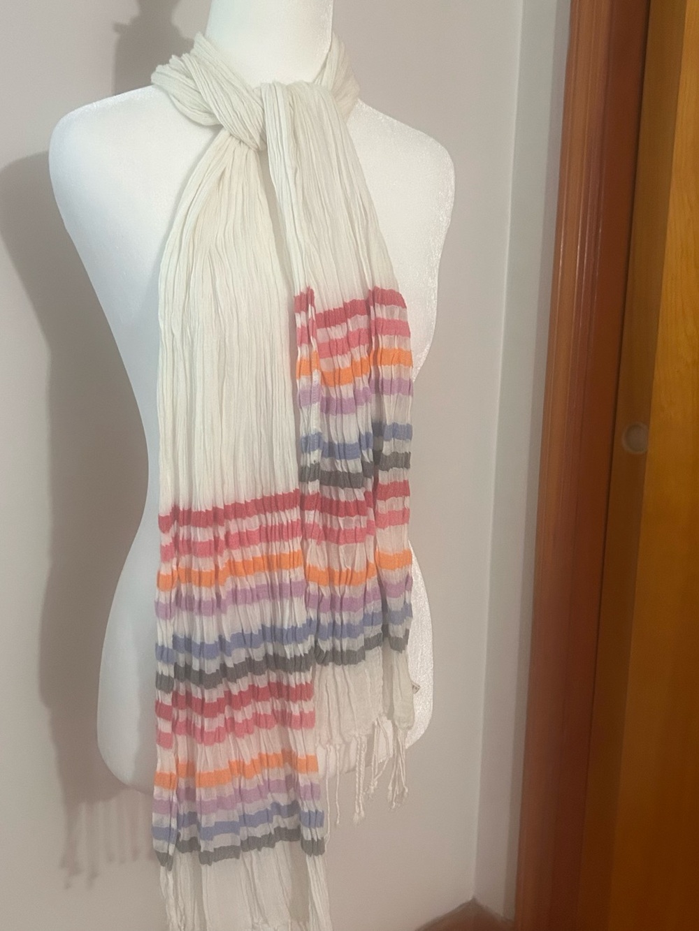 Light Cream Striped Fringe Scarf with Multi-Color Bands